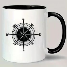 Compass Rose 11oz Ceramic Coffee Mug - Insulated, Reusable Travel Cup with Black Handle and Rim, Dishwasher