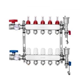 VEVOR 5-Branch Radiant Heat Manifold 1/2" PEX Tubing Floor Heating Manifold Set