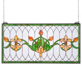 Stained Glass Tiffany Style Hanging Window Panel with Chain 32 x 17 Inches