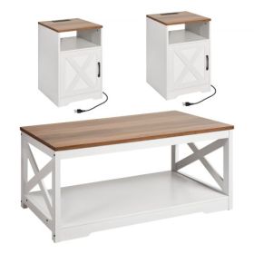 3 Piece Farmhouse Coffee Table Set 40 in with 2 End Table for Living Room