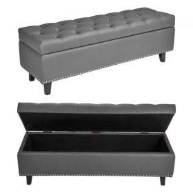 Button-Tufted Storage Ottoman Bench PU Leather Bench with Wood Legs Gray