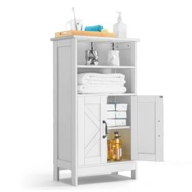 Wooden Bathroom Floor Cabinet Storage with Adjustable Shelf 2 Doors White