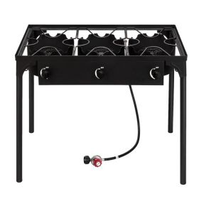 Outdoor Camp Stove High Pressure Propane Gas Cooker Portable Cast Iron Patio Cooking Burner (Three Burner 225000-BTU) (Color: as picture)