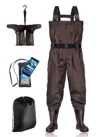 BELLE DURA Fishing Waders Chest Waterproof Light Weight Nylon Bootfoot Waders for Men Women with Boots (Color: BROWN, size: Men 12 / Women 14)