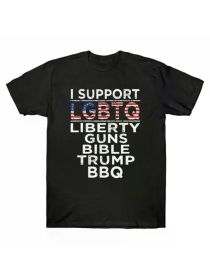 [Playful]Men's Patriotic Pattern T-Shirt - "I Support LGBTQ, Freedom, Firearms, Bible, BBQ" design with American flag, black cotton casual T-shir (Color: Black, size: S)