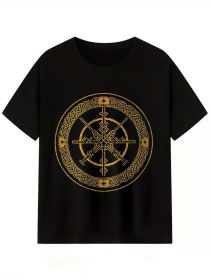 [Elegant] Men's Black Cotton T-Shirt with Golden Compass Graphic - Short Sleeve, Round Neck, Summer Casual Wear for Everyday (Color: Black, size: M)