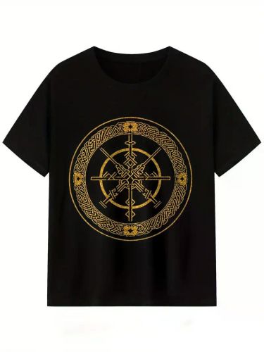 [Elegant] Men's Black Cotton T-Shirt with Golden Compass Graphic - Short Sleeve, Round Neck, Summer Casual Wear for Everyday