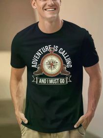 Compass 'ADVENTUREISCALLINGANDIMUSTGO' Boots for Men, Summer Short-Sleeve T-Shirt, Refreshing And (Color: Black, size: XXXL)